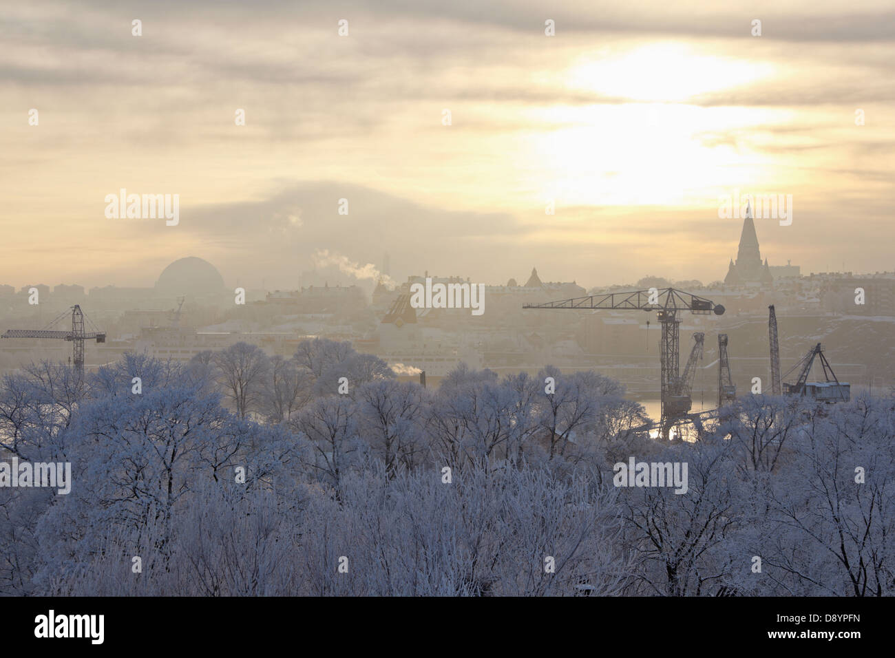 Città coperta di nebbia in inverno all'alba Foto Stock