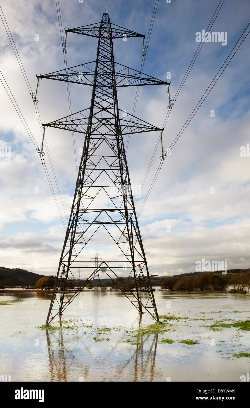 Pylons elettrici in piedi allagato campagna nella valle del fiume exe, a Stoke Canon, vicino Exeter, Devon, Gran Bretagna. Foto Stock