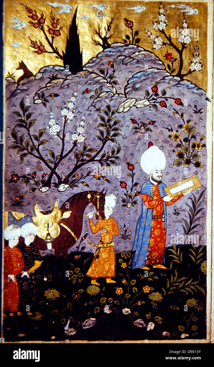 Il persiano miniatura, crema di poesie, scene di caccia, xv secolo ms H.676, lato sinistro, il palazzo di Topkapi, Istanbul, Turchia Foto Stock