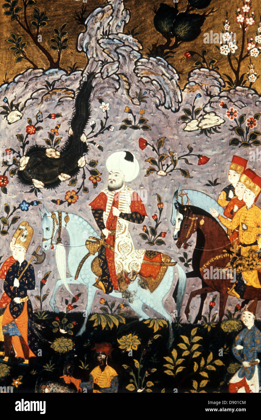 Il persiano miniatura, dettaglio della scena di caccia con crema di poesie, XVI secolo ms, il palazzo di Topkapi, Istanbul, Turchia Foto Stock