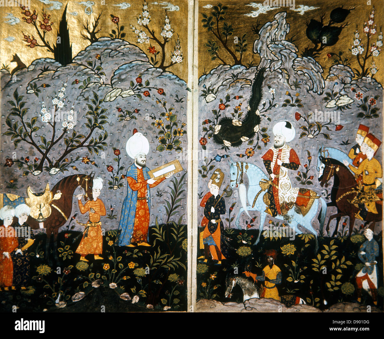 Il persiano miniatura, dal XV secolo, crema di poesie, ms H676, scene di caccia, il palazzo di Topkapi, Istanbul, Turchia Foto Stock