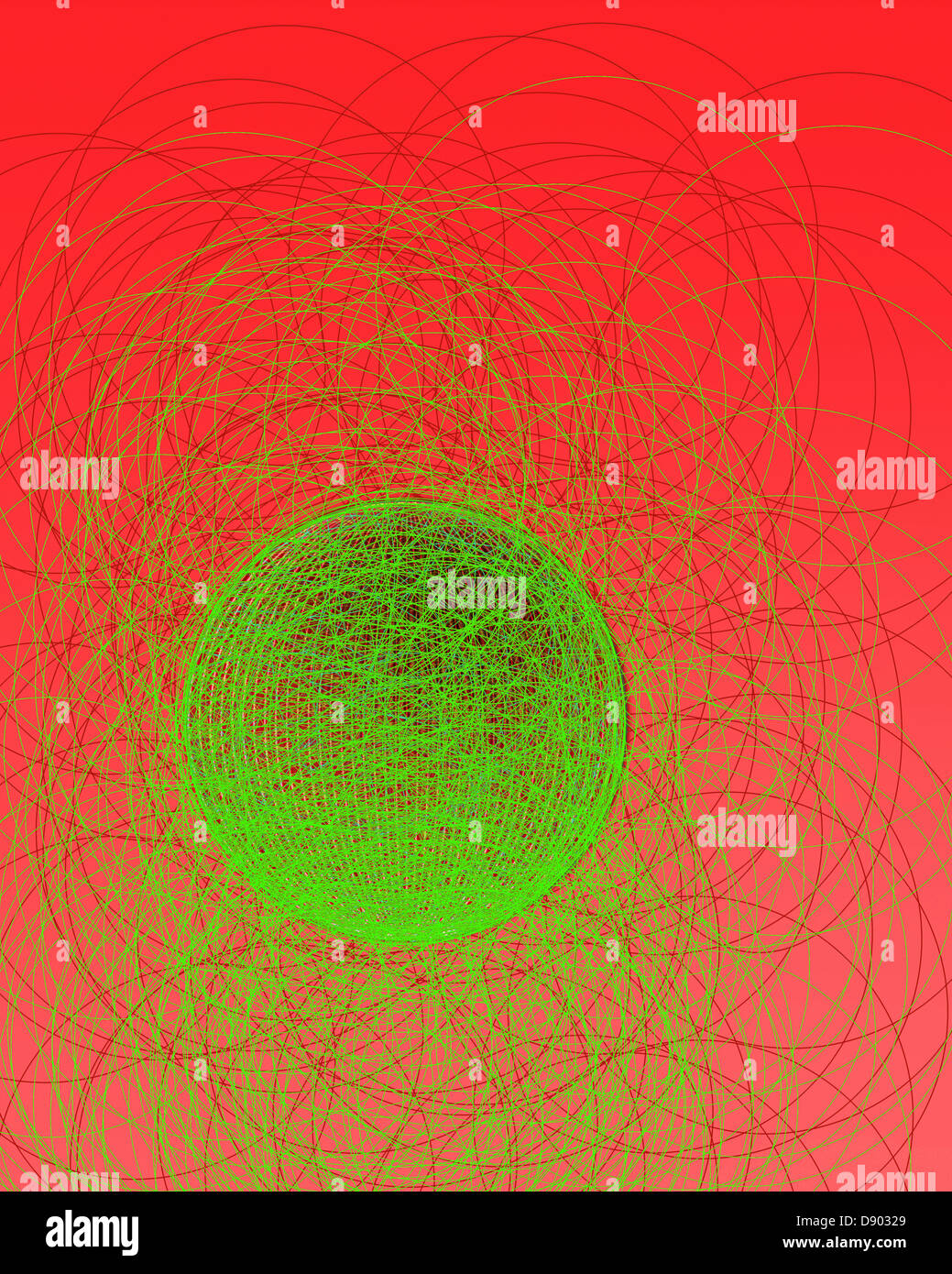 Incandescente palla verde pianeta orb con straordinaria forza rosso i campi attorno ad esso su orangebackground Foto Stock