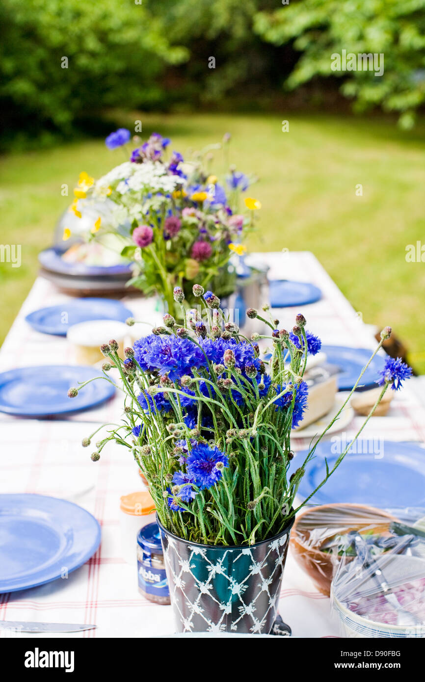 Vaso di fiori e di piastre disposte sul tavolo da pranzo Foto Stock