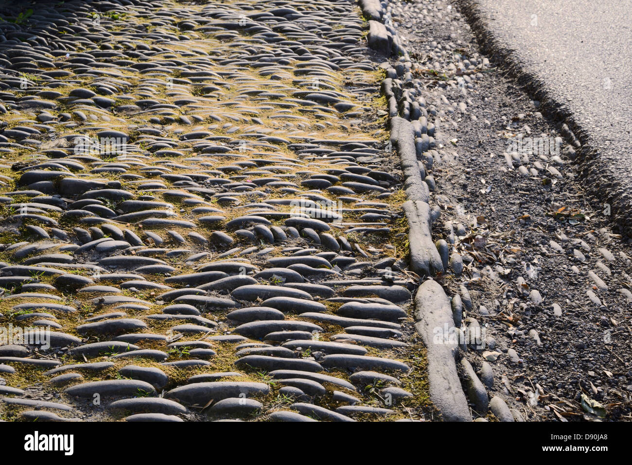 Pietre poste in lineari e modelli a spina di pesce per formare marciapiede e grondaia al di fuori di una terrazza di case, Llanrhystud, Wales, Regno Unito. Foto Stock