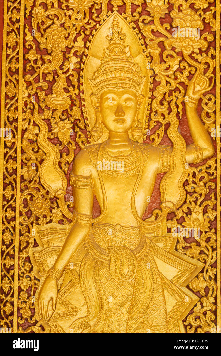 Wat Visoun tempio a Vintage Loa tradizionale stile arte pittura sul tempio di background Foto Stock