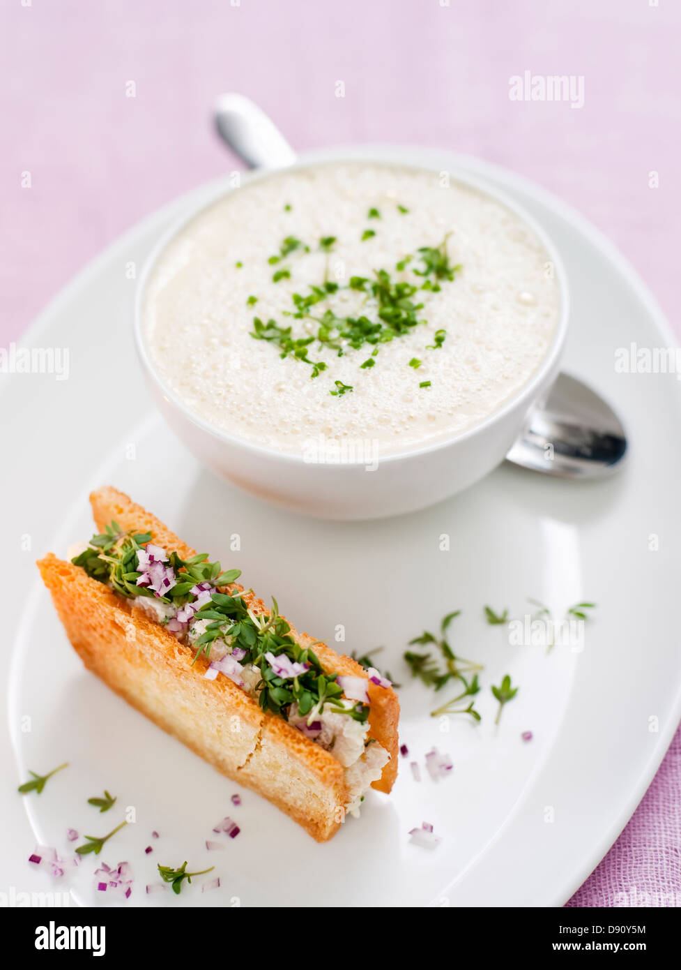 Rosso la zuppa di cipolla con sandwich Foto Stock