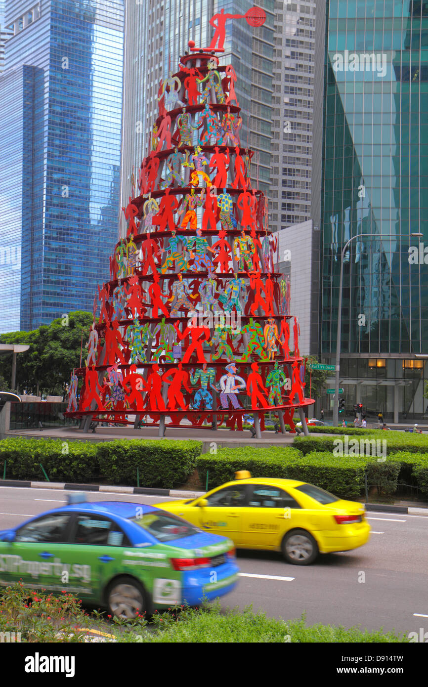 Singapore Raffles Place, centro commerciale, quartiere finanziario, grattacielo, edifici, centro, skyline, Finlayson Green, scultura dell'artista David DuDu Gerst Foto Stock