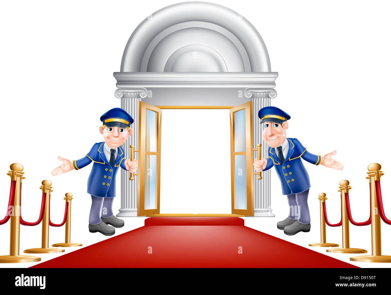 Una illustrazione di un tappeto rosso ingresso con corde di velluto e due portieri accogliente nel visualizzatore Foto Stock