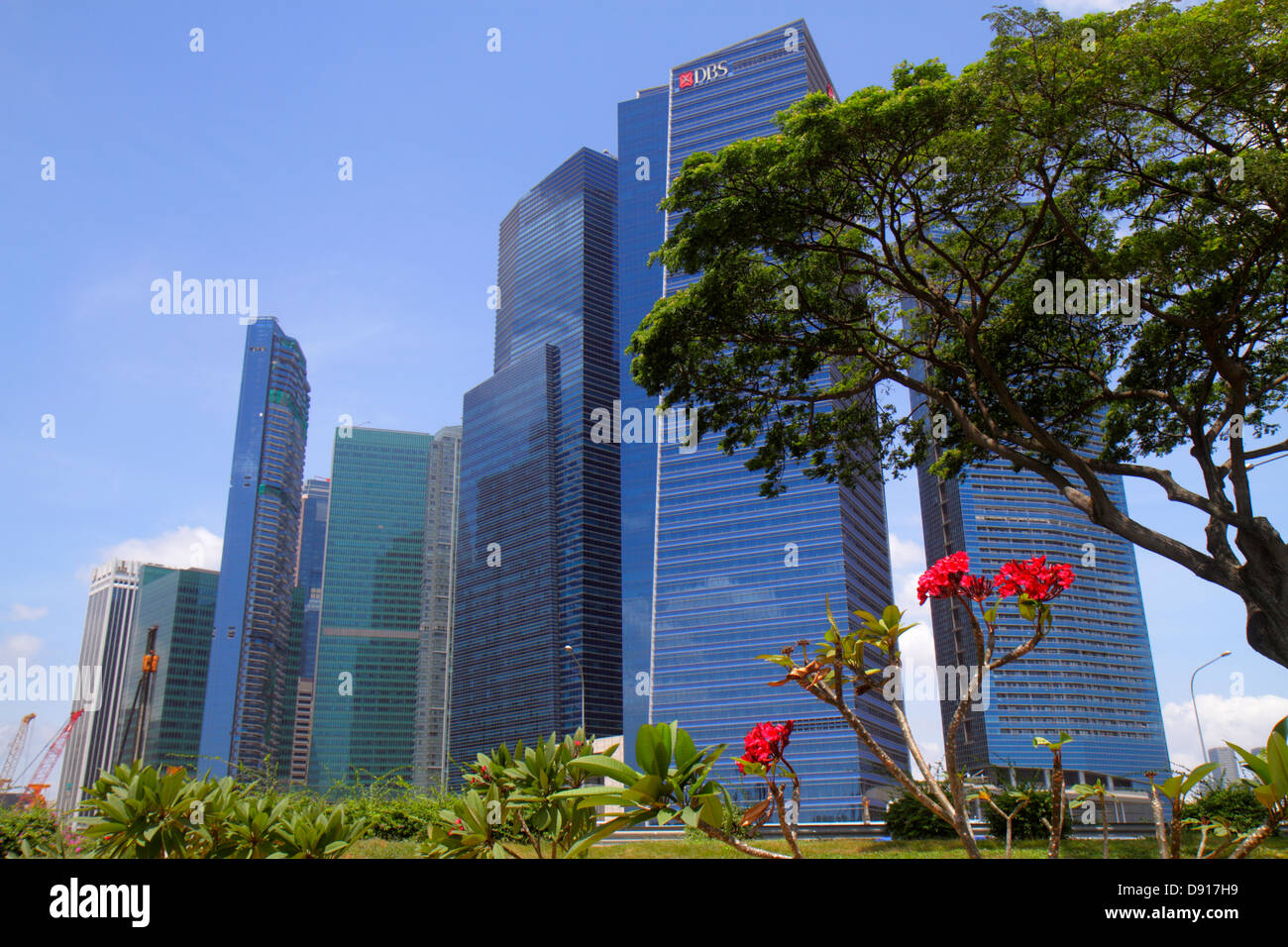 Skyline della città di Singapore, quartiere finanziario, grattacieli, in costruzione di nuovi cantieri, edifici, Marina Bay Financial Center Office Tower, Foto Stock