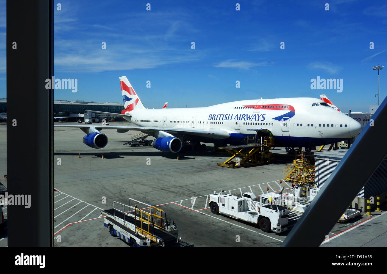British Airways Boeing 747 all'aeroporto di Heathrow, Londra, Gran Bretagna, Regno Unito Foto Stock