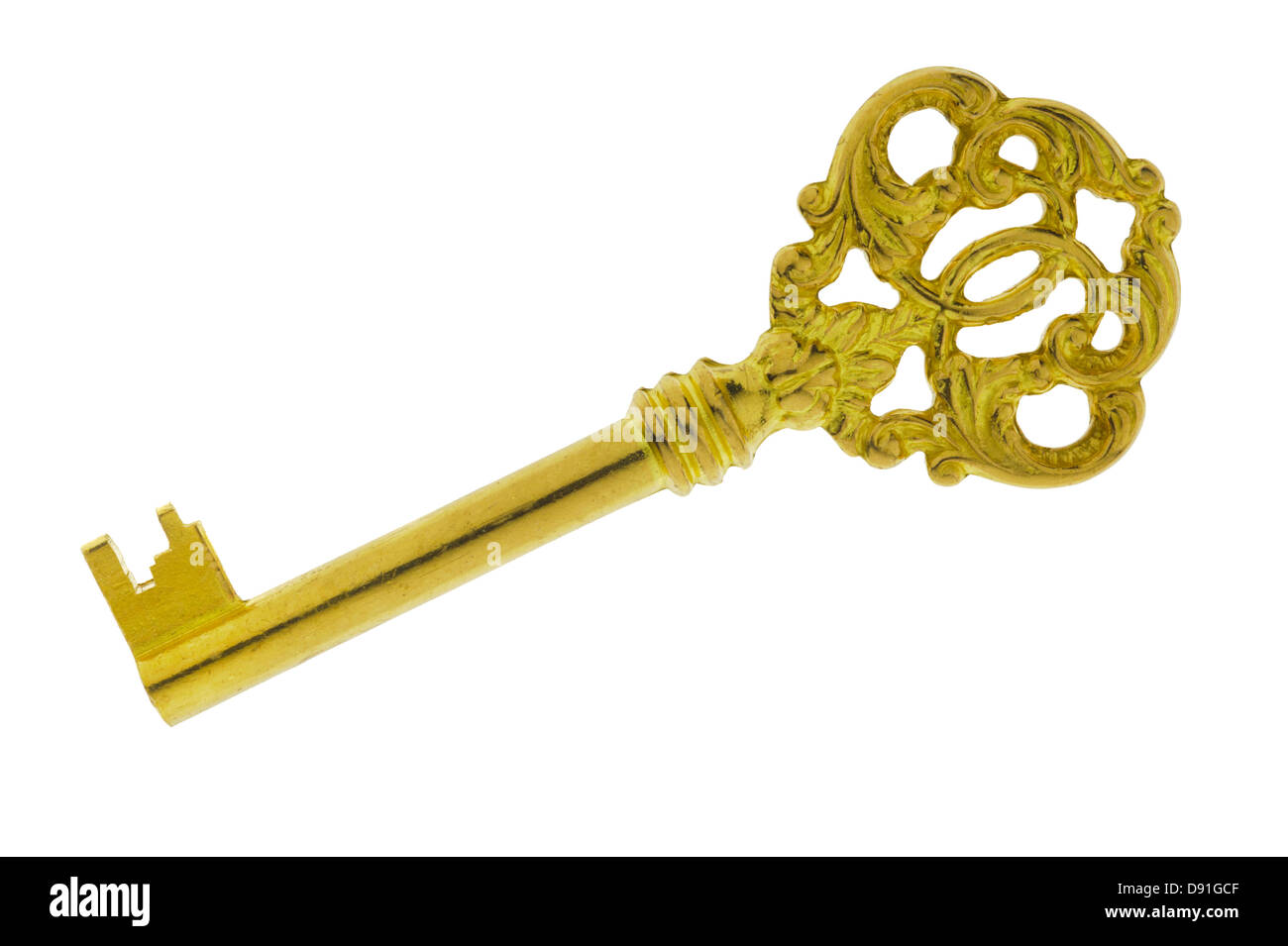 Antique golden key isolate su sfondo bianco Foto Stock