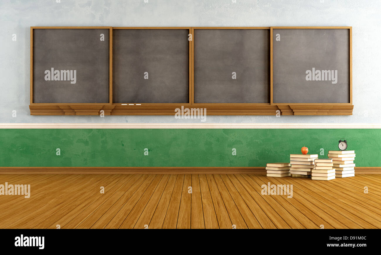 Vuoto classe vintage con grande blackboard e pile di libri - il rendering Foto Stock