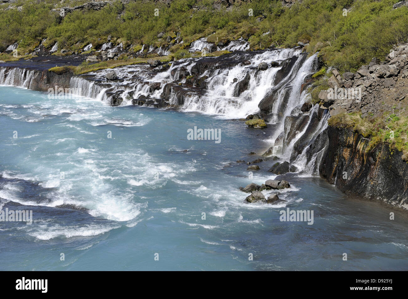 Cascata Hraunfossar, fiume Hvita, West Islanda Islanda Foto Stock