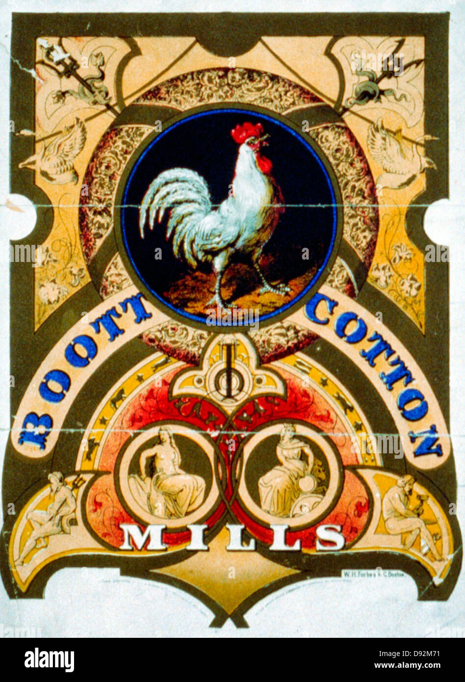 Booth Cotton Mills - Fabbricazione di etichetta illustrata con la Rooster, circa 1870 Foto Stock