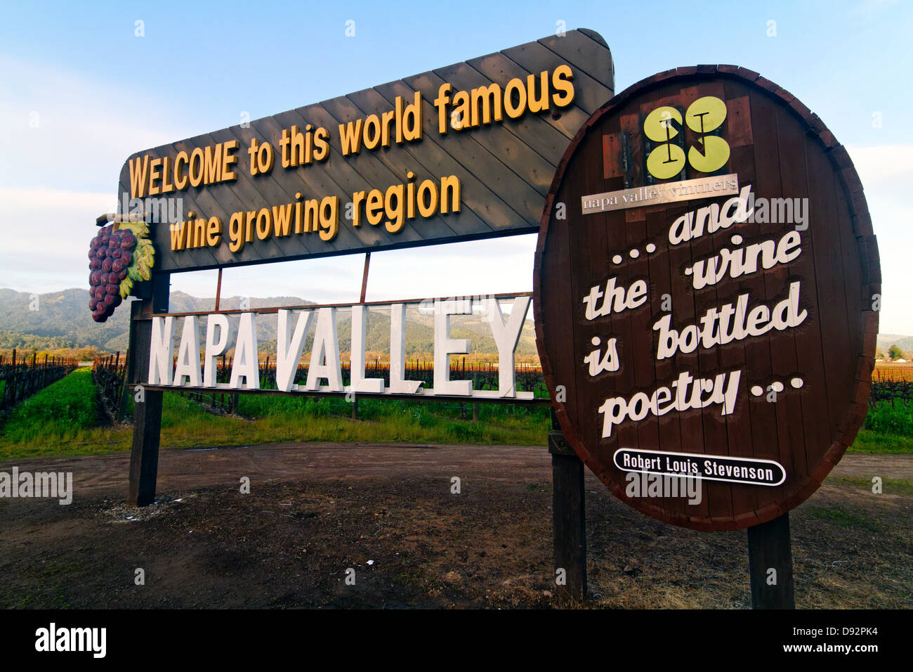 Segno di benvenuto a Napa Valley, Calistoga, California Foto Stock