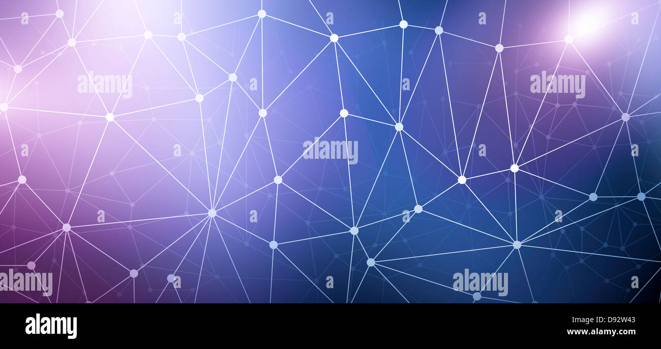 Un web di punti collegati da linee contro un viola e sfondo blu Foto Stock