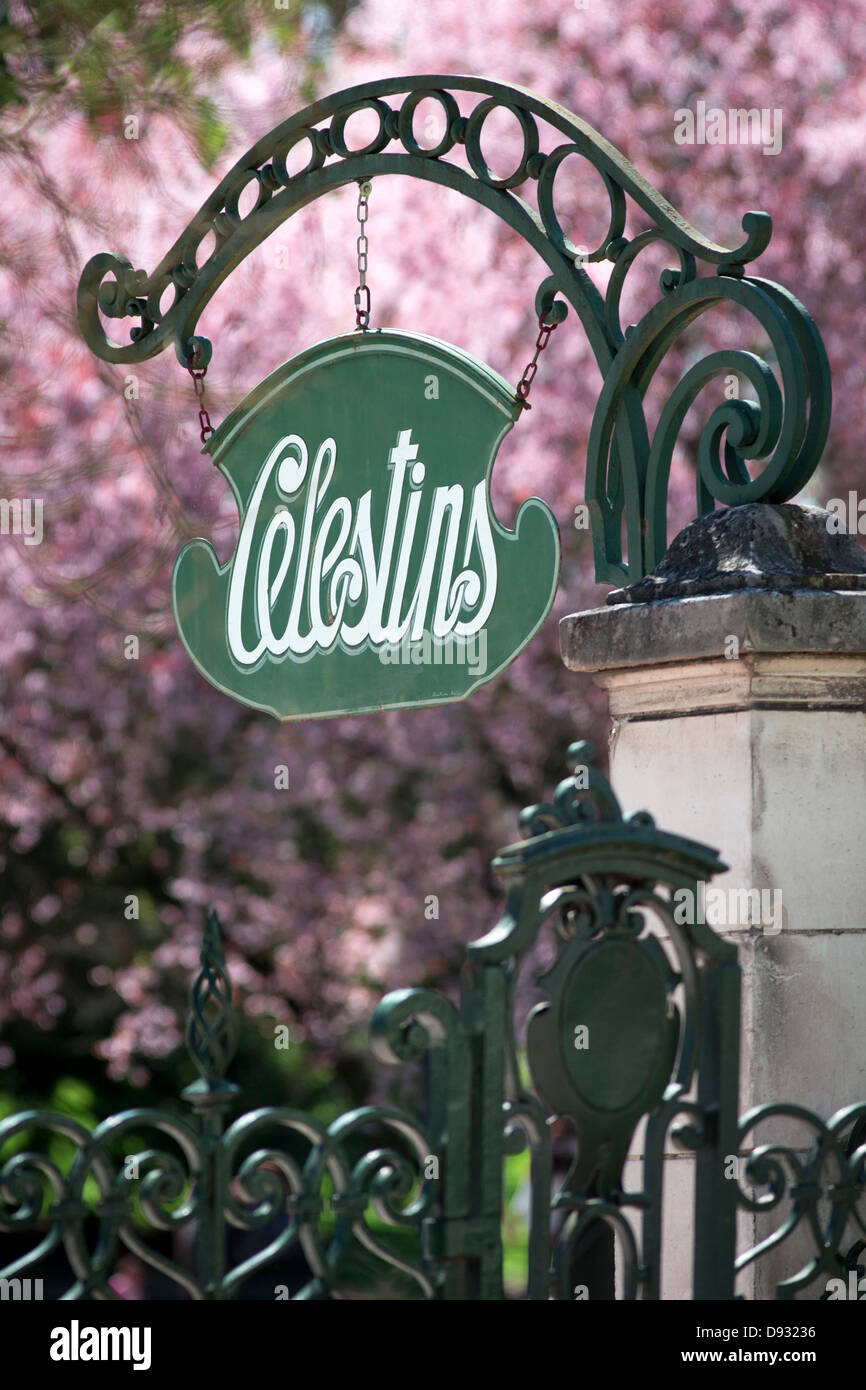 Un retro-style segno che indica il "Celestini' termale molla, a Vichy (Francia). Enseigne rétro de la Source des Celestini. Foto Stock