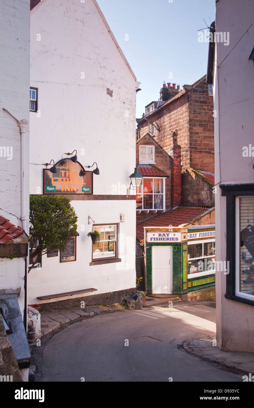 Una strada stretta in Robin cappe Bay sulla North York Moors costa. Foto Stock