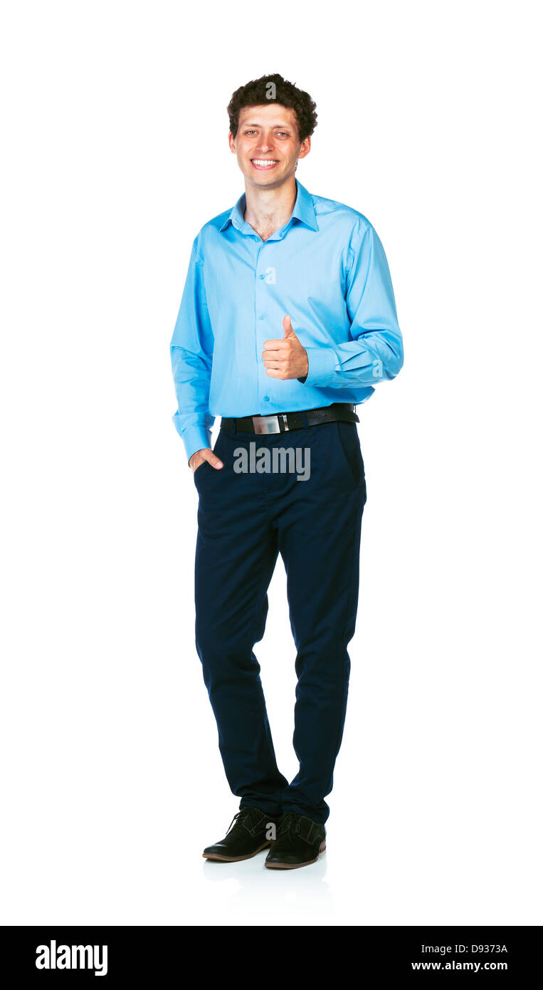 Felice giovane imprenditore in piedi con il pollice su sfondo bianco Foto Stock