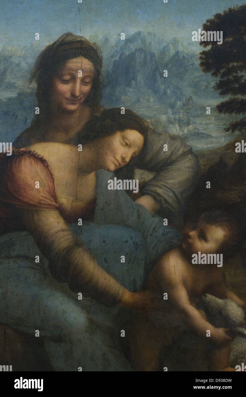 Léonardo da Vinci la Vergine con il Bambino e Sant'Anna retail XV secolo di scuola italiana Olio su tela museo del Louvre - Paris. Foto Stock