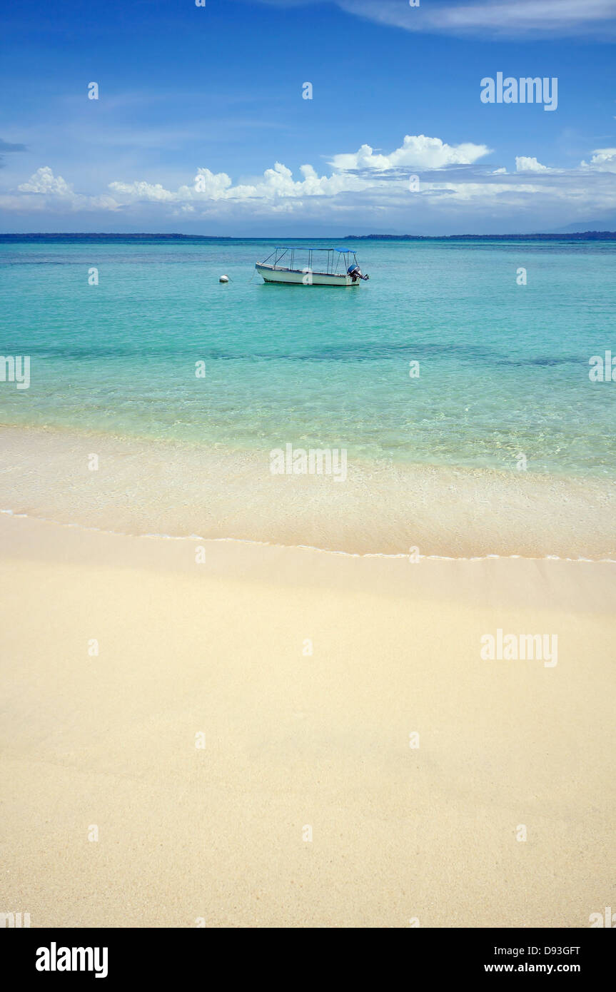 Spiaggia sabbiosa tropicale con acqua chiara e una barca da soli nel mar dei Caraibi Foto Stock