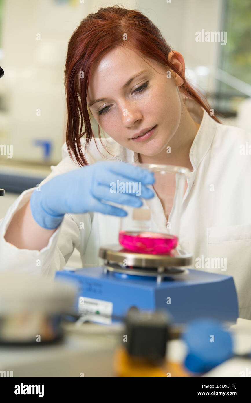 Giovane donna scienziato lavora nel laboratorio di indossare camice bianco Foto Stock