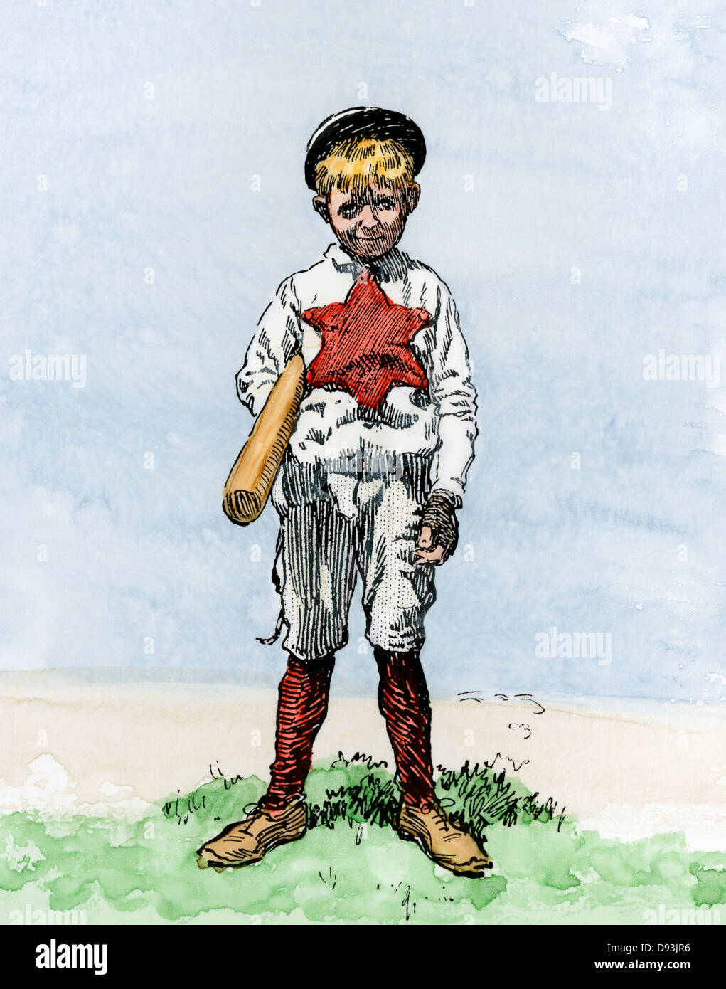 Ragazzo con la mazza da baseball, indossano uniformi con una grande stella, circa 1910. Colorate a mano la xilografia Foto Stock