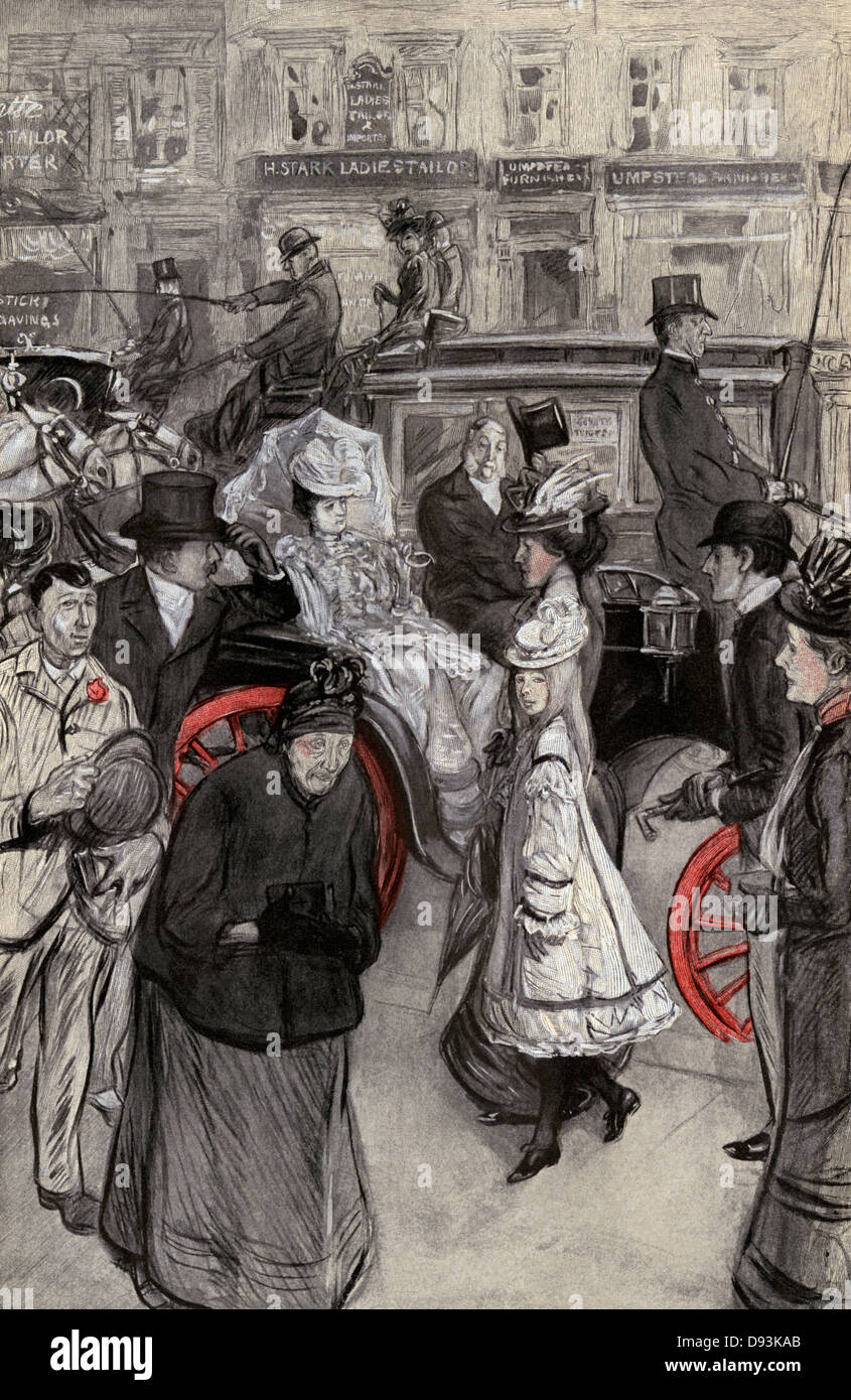 Folle su una strada trafficata, 1890s o primi 1900s. Colore mezzetinte di una illustrazione di William Glackens Foto Stock