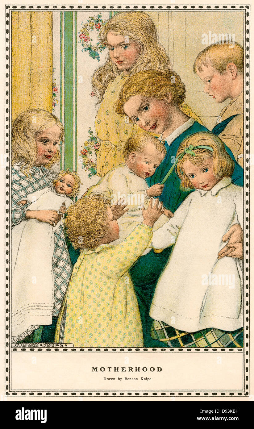 Madre con sei figli, primi 1900s. Litografia a colori di un Benson Knipe illustrazione Foto Stock