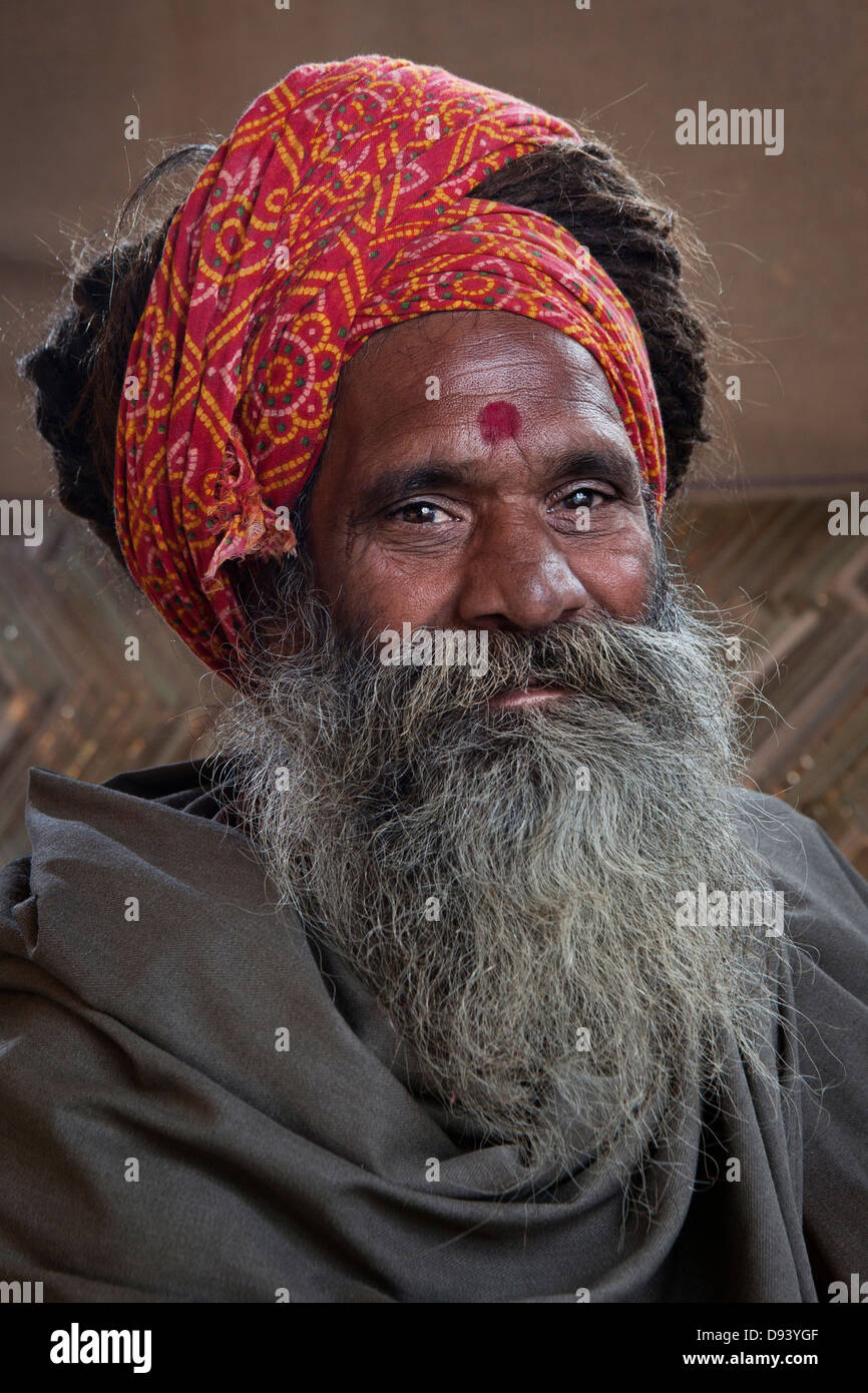Ritratto di un uomo santo presso il Kumbh Mela 2013 in Allahabad, India Foto Stock