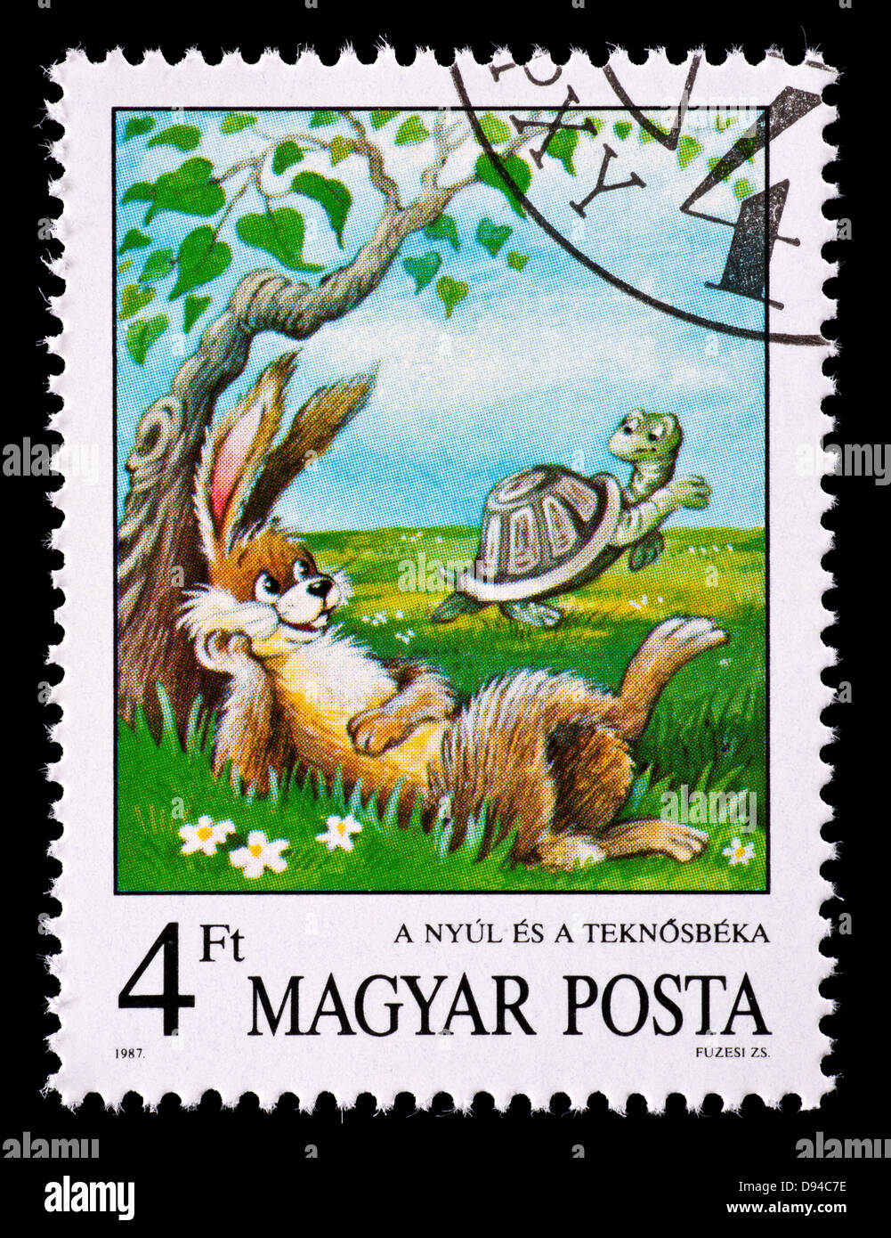Francobollo da Ungheria raffigurante il Esopo favola di la lepre e la tartaruga. Foto Stock