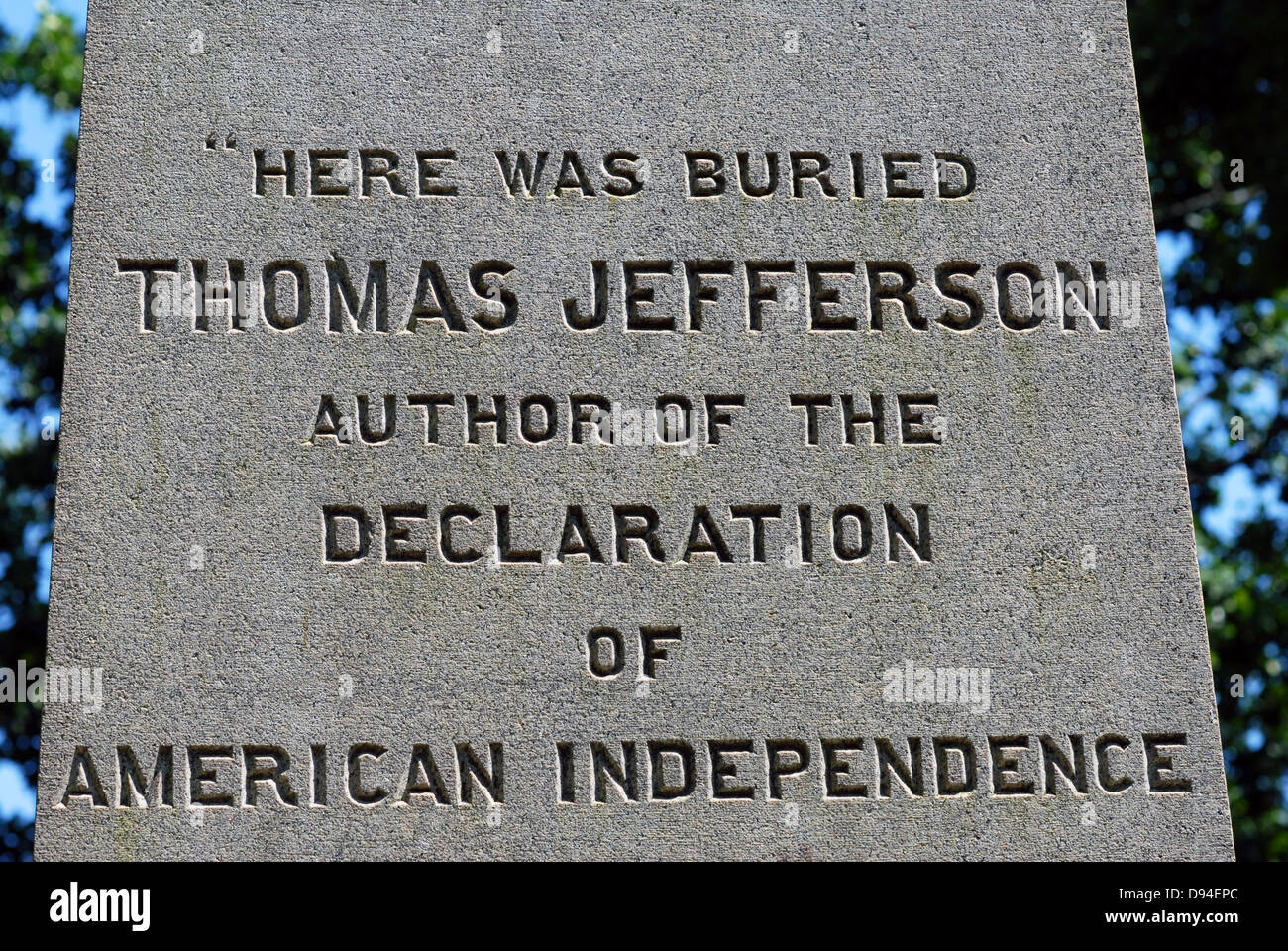 Thomas Jefferson sulla tomba del cimitero e a Monticello vicino a Charlottesville, Virginia, Stati Uniti d'America. Foto Stock