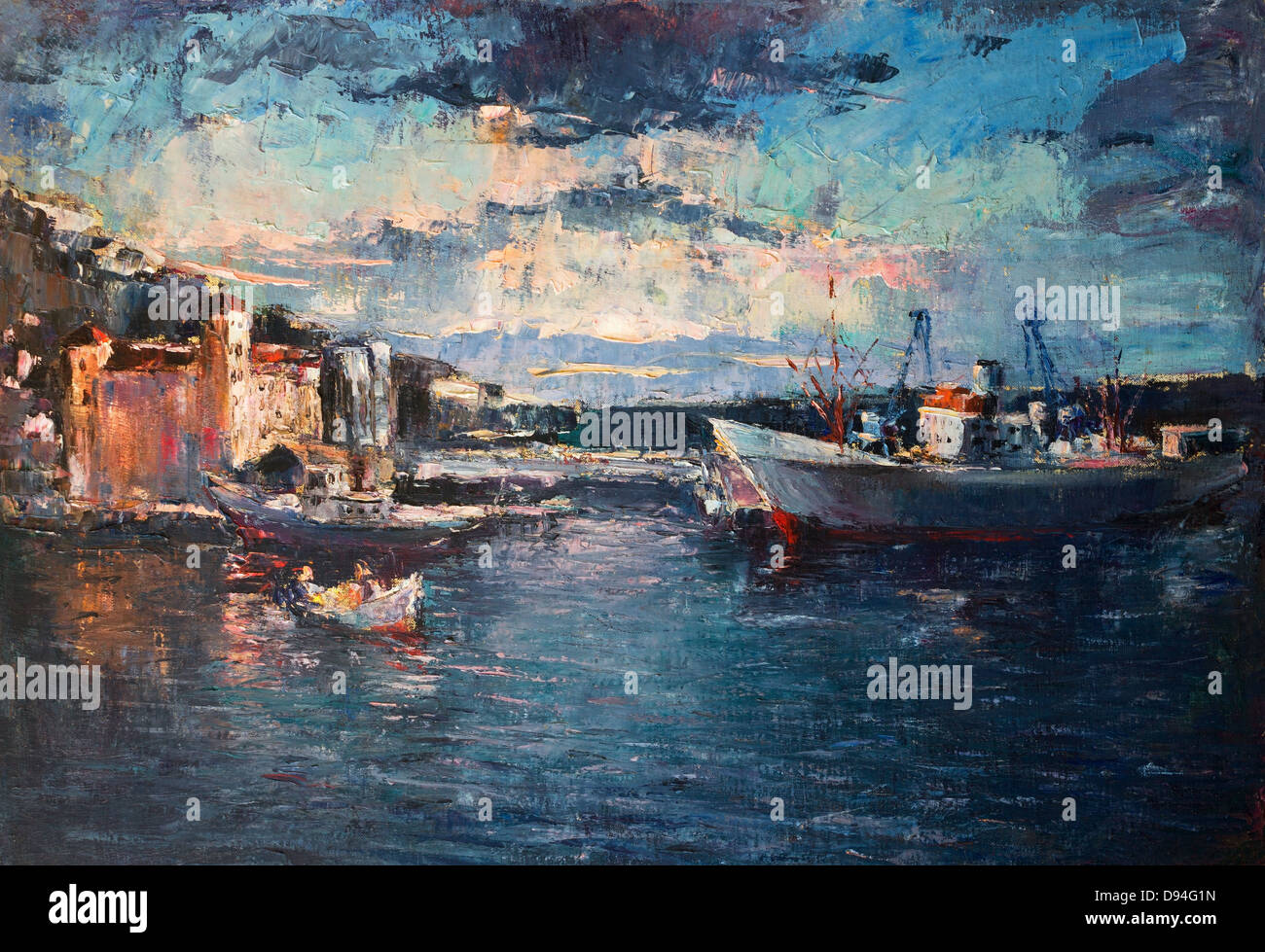Un dipinto ad olio su tela di un tramonto colorato sopra il porto con le navi in entrata e uscita dal porto. Foto Stock
