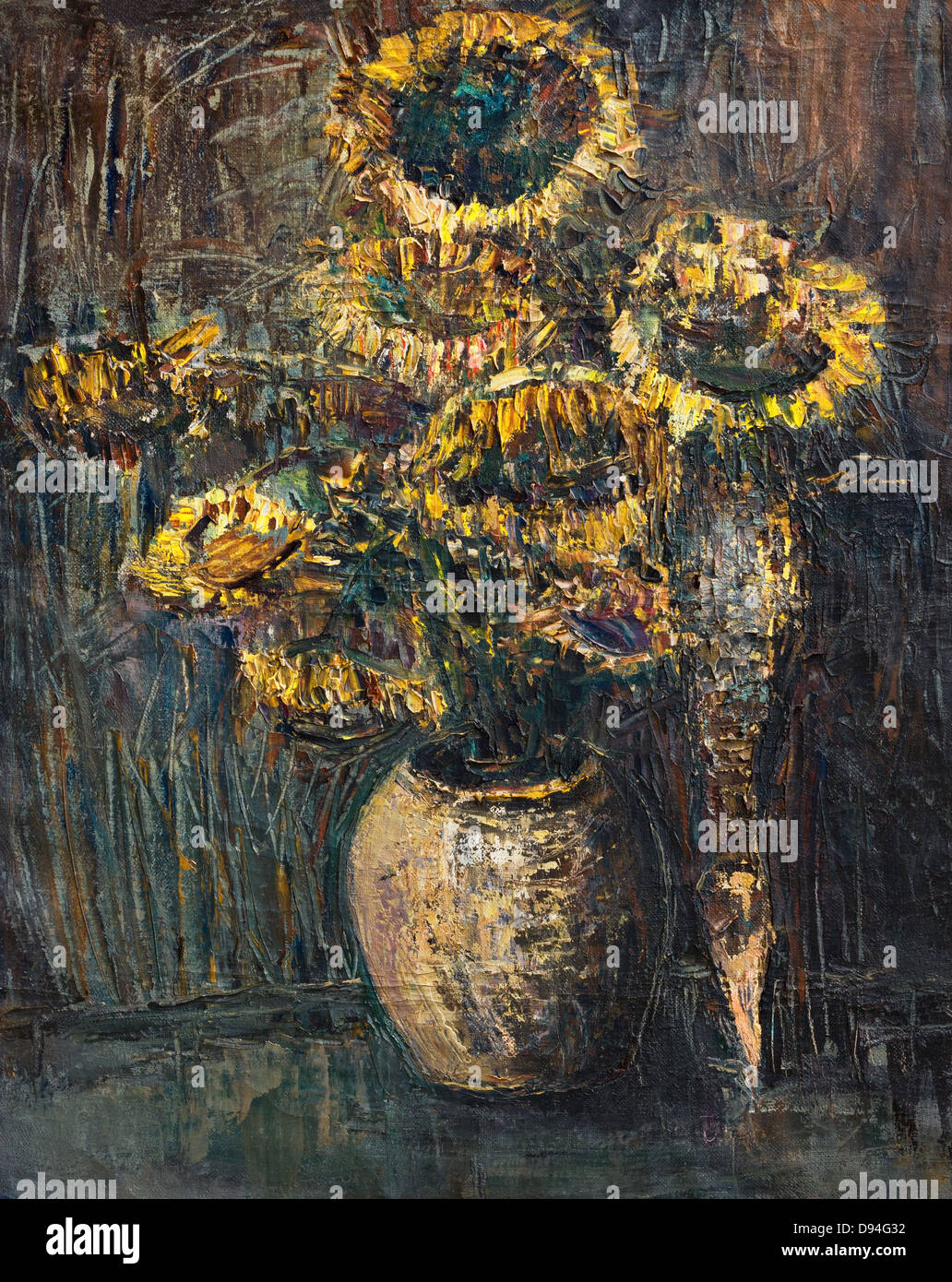 Un dipinto ad olio su tela di appassiti colorato bouquet girasoli su un grigio scuro dello sfondo marrone. Foto Stock