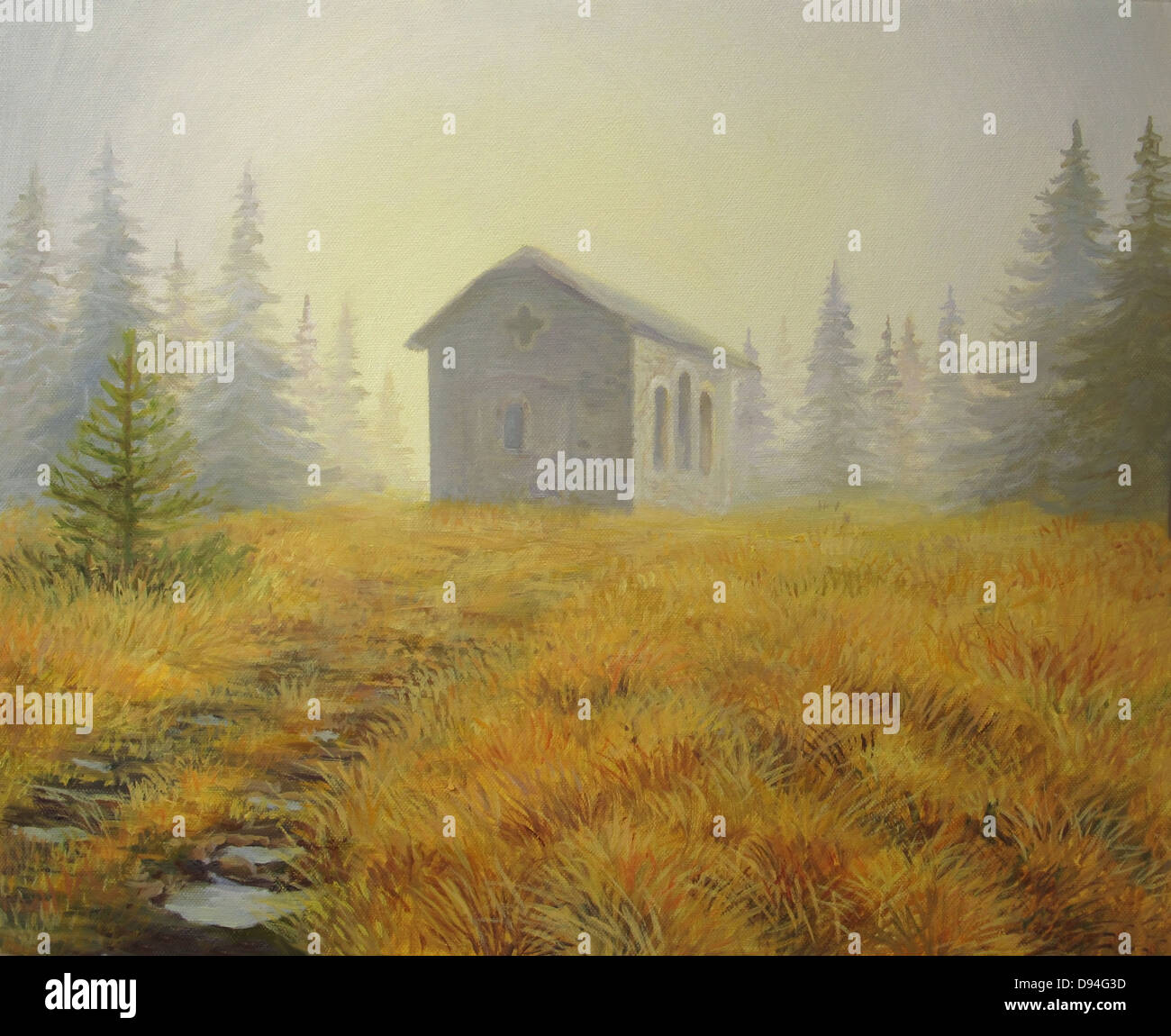 Un dipinto ad olio su tela di una piccola cappella in alta montagna, incandescente nelle prime ore del mattino la nebbia. Foto Stock