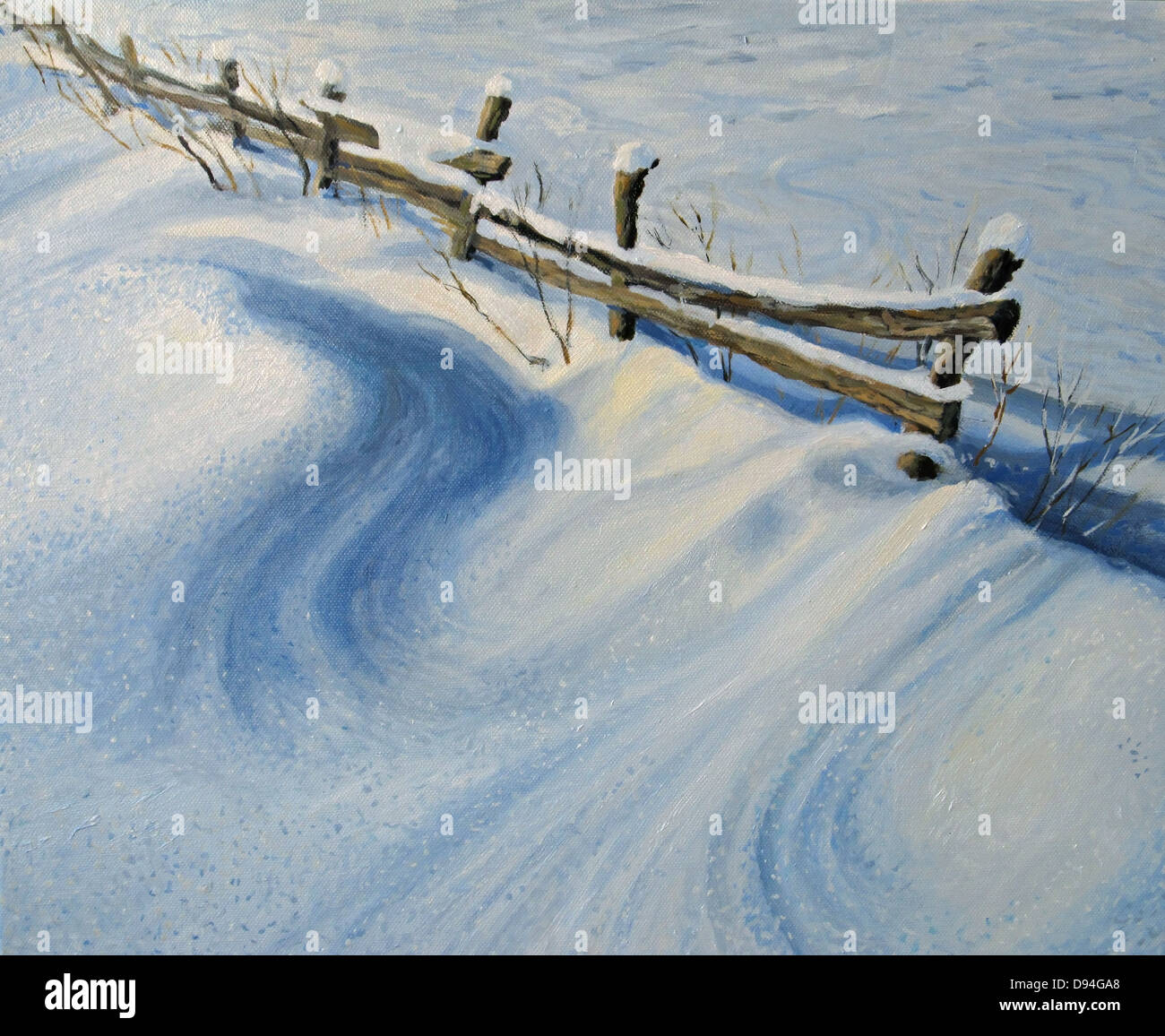 Un dipinto ad olio su tela di un recinto rurale sepolto sotto la fresca neve profonda, scintillante sotto i raggi del sole di una fredda mattina di inverno. Foto Stock