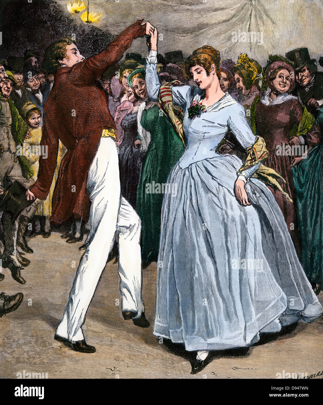Giovane facendo un piccolo e pittoresco danza prima un ammirando la folla, primi 1800s. Colorate a mano la xilografia Foto Stock