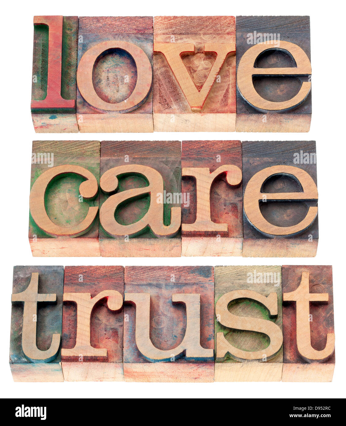 La fiducia, amore, rispetto parole - Concetto di relazione - testo isolato in rilievografia tipo legno Foto Stock