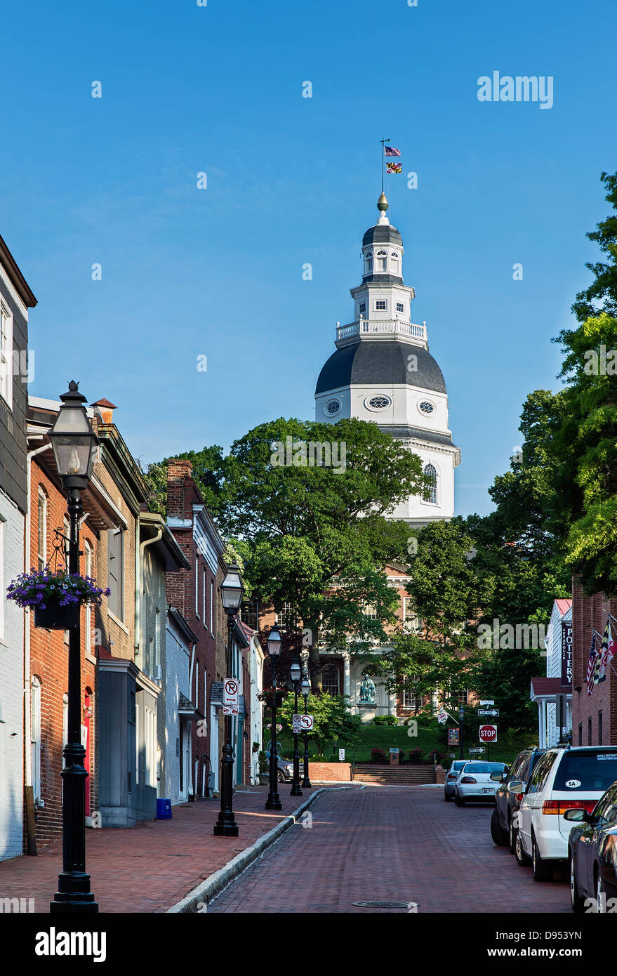 Vista dello Stato Capitol Building da Francesco Street, Annapolis, Maryland, Stati Uniti d'America Foto Stock
