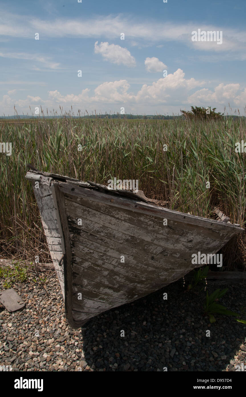 Dimenticato-questa vecchia barca che una volta che è stata someones orgoglio e gioia, ora siede marciume lontano. Foto Stock