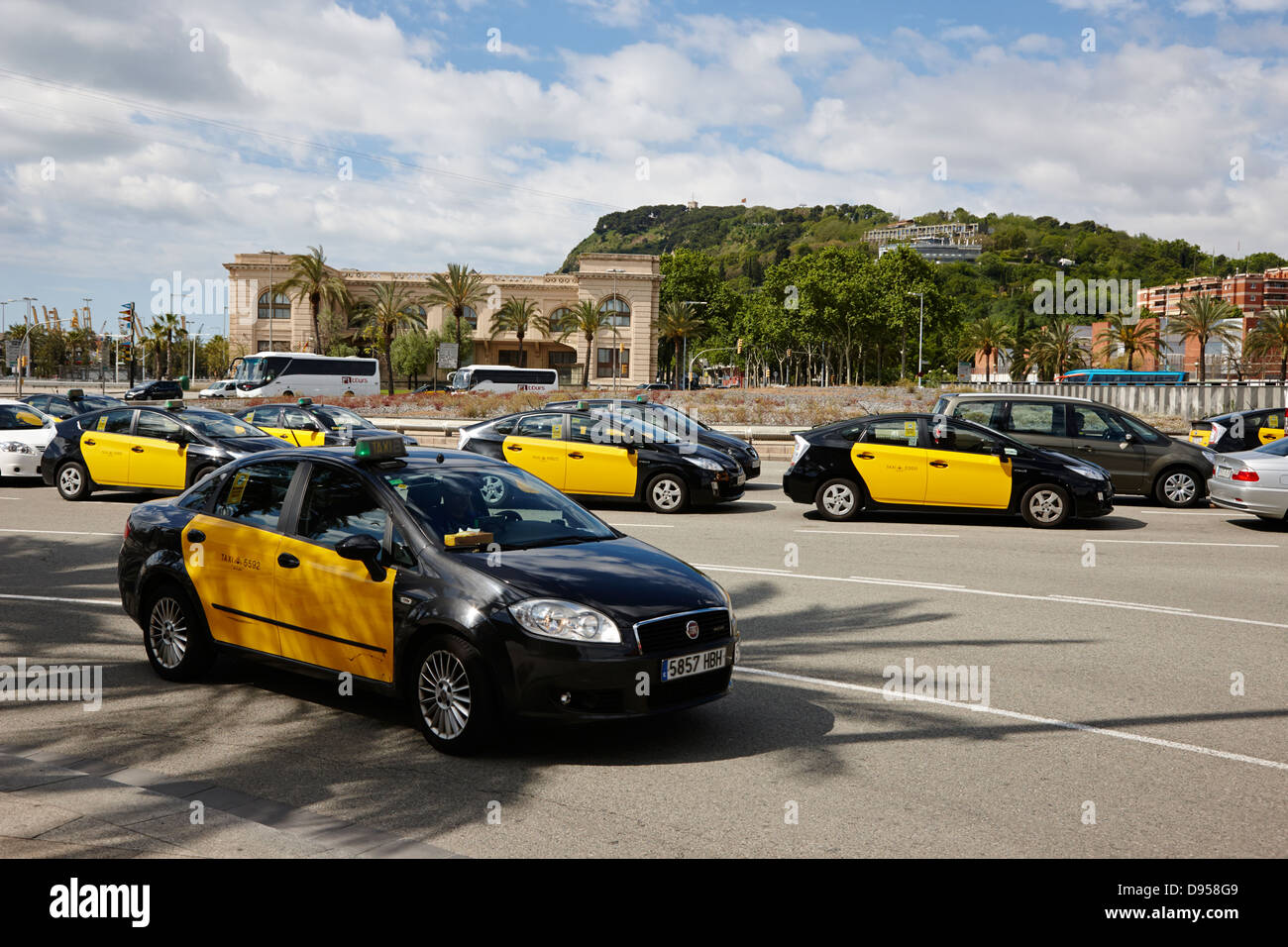 Nero e giallo taxi a placa drassanes centro della città di Barcellona Catalonia Spagna Foto Stock