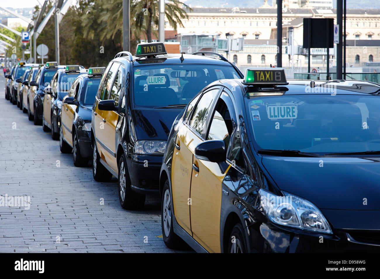 Fila di nero e giallo taxi a porto di Barcellona Catalonia Spagna Foto Stock