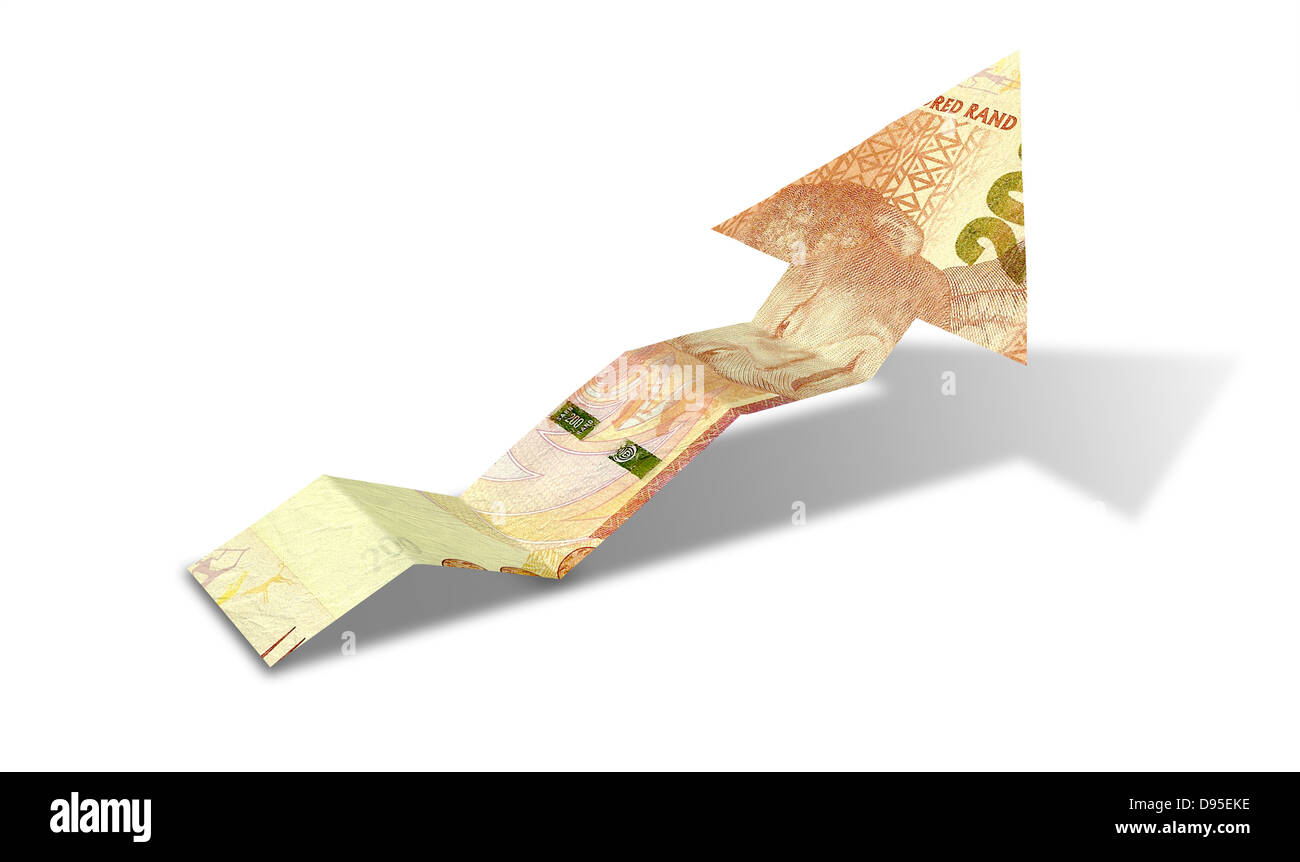 Una freccia trend grafico 200 sagomato rand nota banca che mostra un economico tendenza verso l'alto isolato su un background Foto Stock