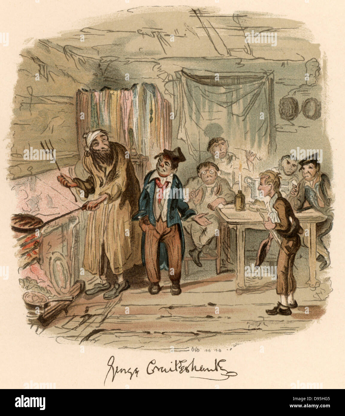 Scena dal romanzo "Oliver Twist" da Charles Dickens pubblicato originariamente 1837-1839. Illustrazione di George Cruikshank (1792-1878) mostra Oliver, nella parte anteriore del tavolo, un timido nuovo ragazzo in i ladri' cucina dove Fagin è per cucinare un pasto a base di salsicce per la sua squadra di boy borseggiatori. L'evasore Artful sta introducendo Oliver. Chromolithograph. Foto Stock