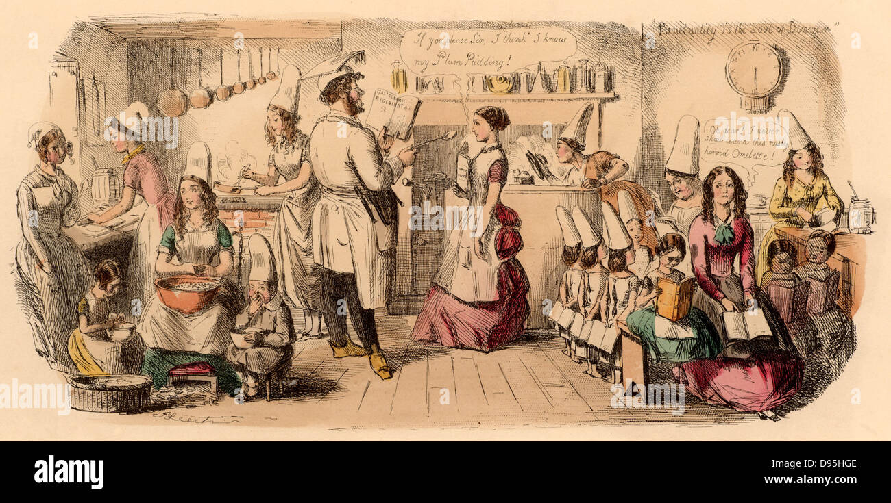 La scuola preparatoria per giovani donne. Cucina pratica istruzione delle bambine. Cartone animato da John Leech (1817-1864) caricaturista inglese. Incisione. Foto Stock