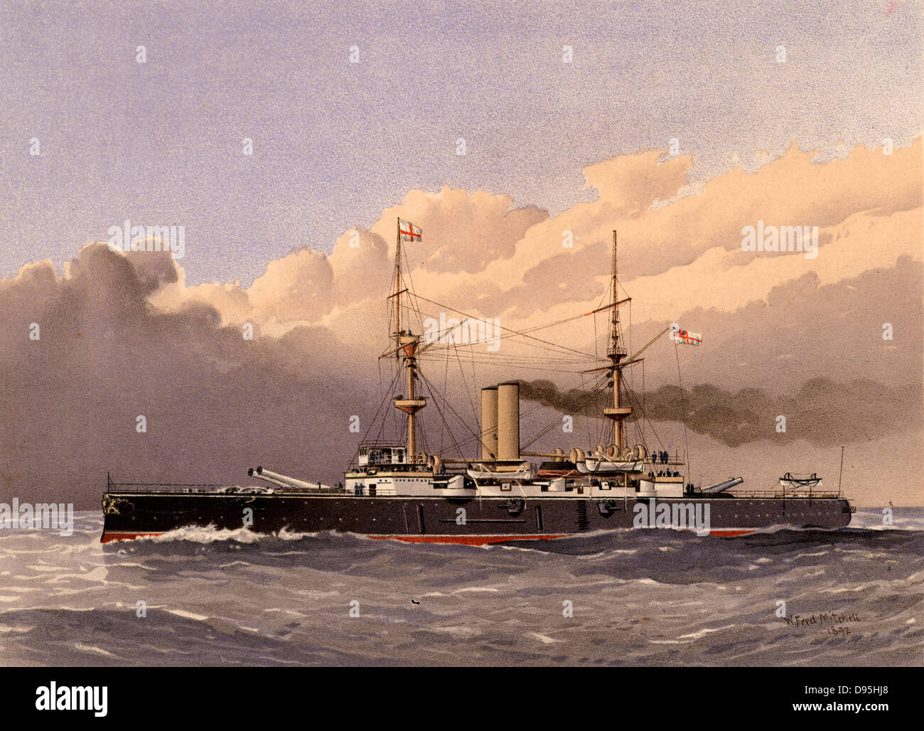 HMS Royal Sovereign, British lst corazzata di classe. Stabilite il 26 febbraio 1891. Ha commissionato il 31 maggio 1892. Venduti per lo scarto del 7 ottobre 1913. Illustrazione di William Frederick Mitchell. Litografia di 1892. Foto Stock