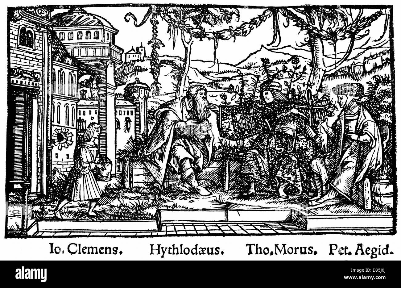 Testata da Thomas Moore di lavoro che raffigura lo stato ideale dove la ragione ha dichiarato, "Utopia" 1518 (IST edizione 1516) che mostra più in discussione con Raphael Hythlodaeus (Hythloday) viaggiatore e filosofo, e Peter Giles xilografia Foto Stock