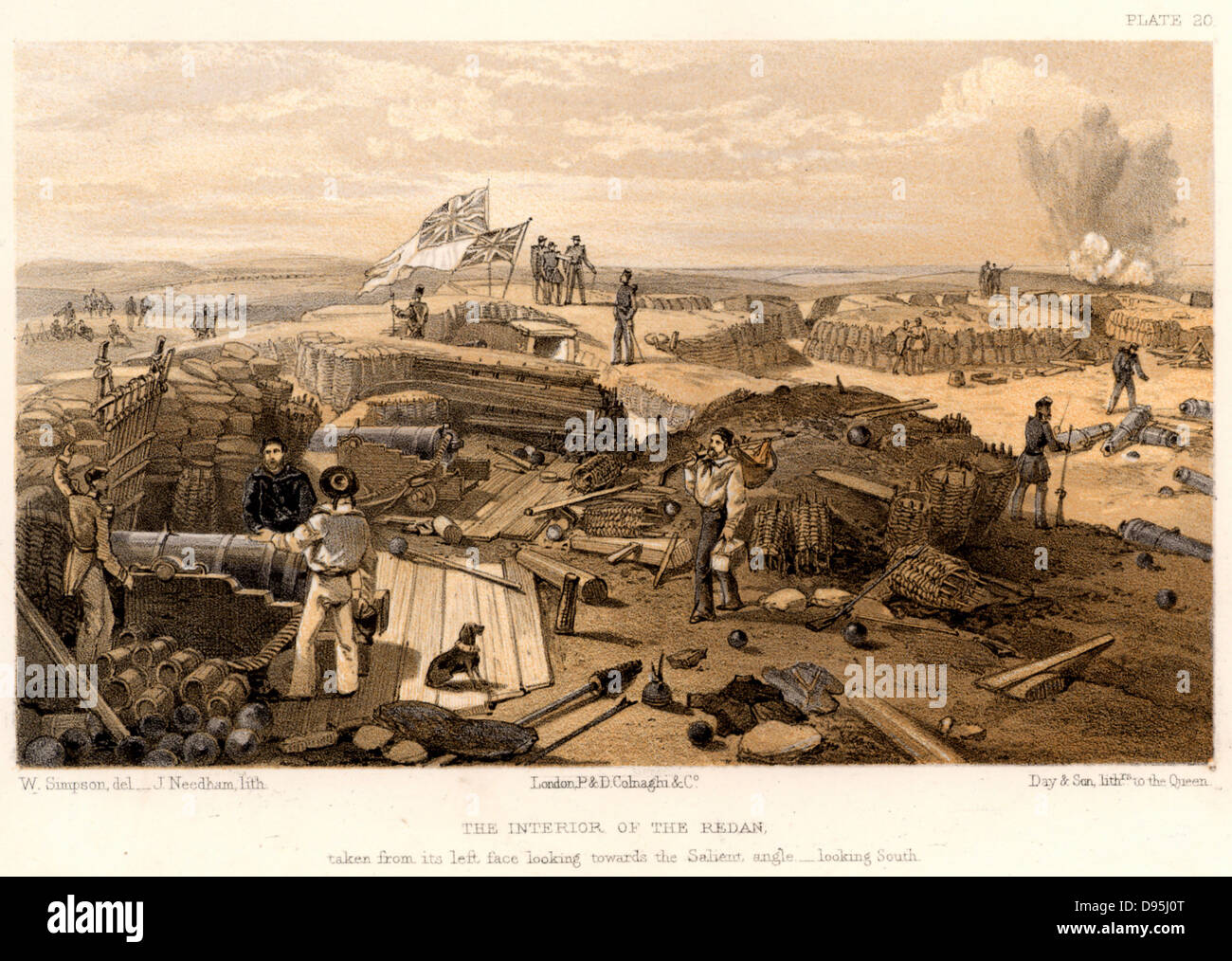 Guerra di Crimea (Russo-Turkish Guerra) 1853-1856. Assedio di Sebastopol, Ottobre 1854 a settembre 1855. Le truppe britanniche all'interno del catturato Redan. Litografia colorata dopo William Simpson (1823-1899). Foto Stock