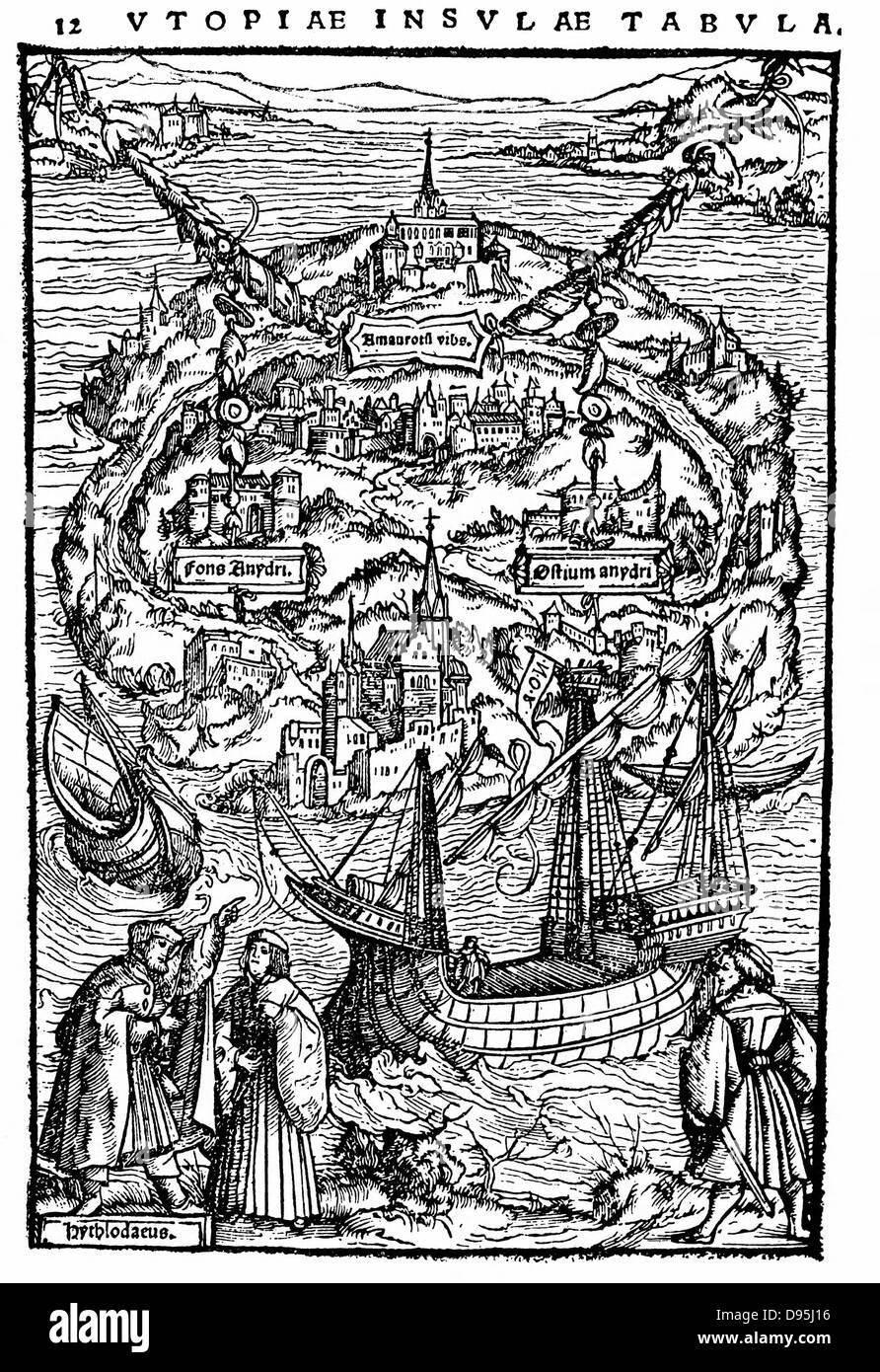 Piano dell'isola dell'Utopia. Da Thomas Moore di lavoro che raffigura lo stato ideale dove la ragione ha dichiarato, "Utopia" 1518 (IST edizione 1516) xilografia. Foto Stock