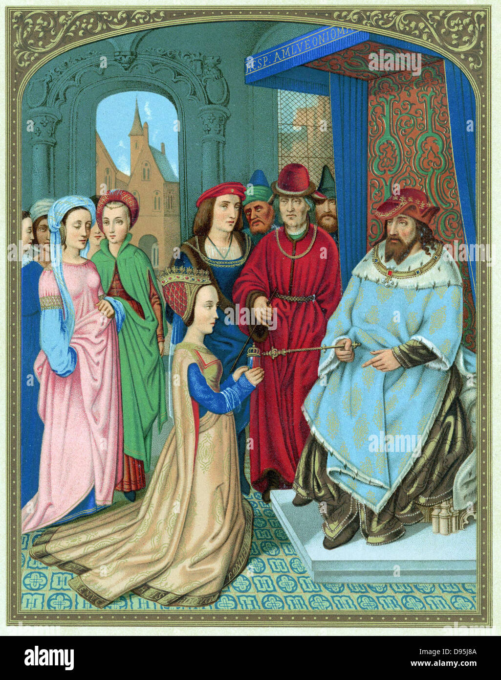 Il re Salomone accoglie la regina di Saba. "Bibbia" ho re10: 2. Chromolithograph dopo la miniatura nel breviario del cardinal Grimani attribuito a Memling. Xv secolo. Foto Stock